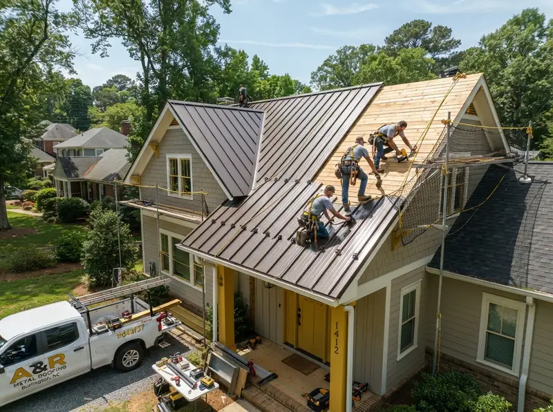 Professional metal roof installation in progress Professional metal roof installation in progress