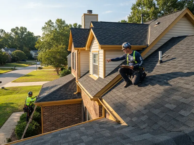 Professional roofing contractor inspecting shingles Professional roofing contractor inspecting shingles